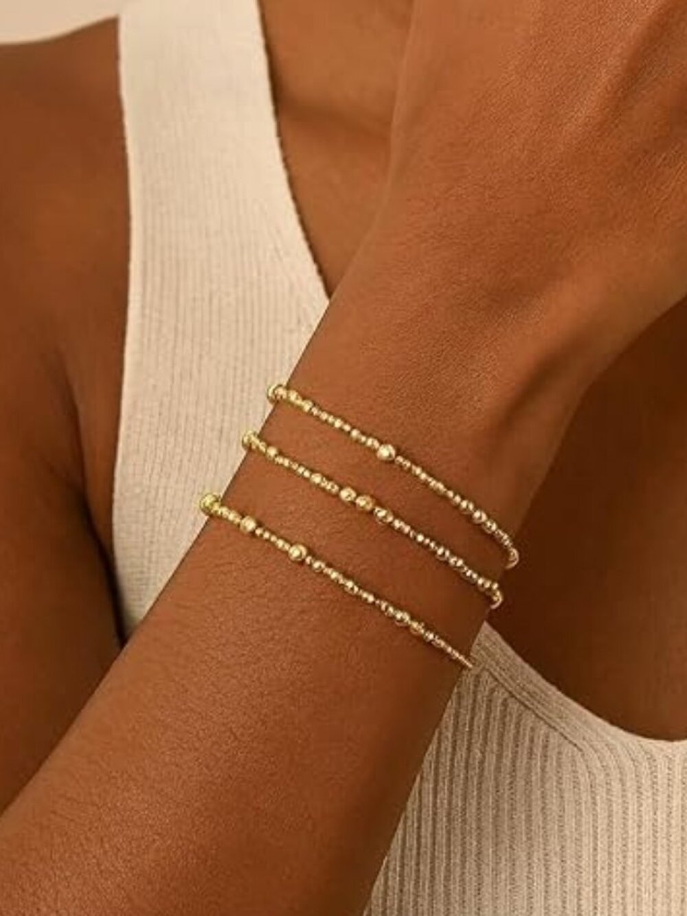 Gold Bracelets for Women, Beaded Cross Stack, Non Tarnish Set,Set-1